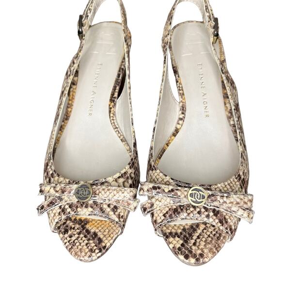 ETIENNE AIGNER‎ Uta Snake Print Wedge Heel Open Toe Sling Back Bow Size 6.6 - Picture 1 of 10